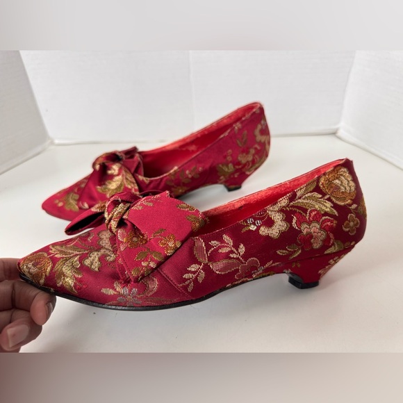 vintage 60s 70s lj simone new york brocade red floral bow kitten heel shoes - Picture 7 of 12